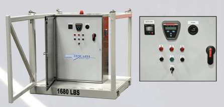 Dewatering control panel enclosure with a close-up of the operator controls