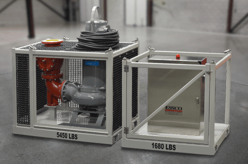 Portable submersible pump skid with protective grating beside its control package