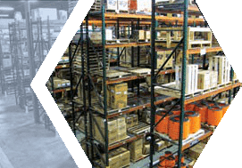 Shelved pumps, parts, and equipment in a warehouse